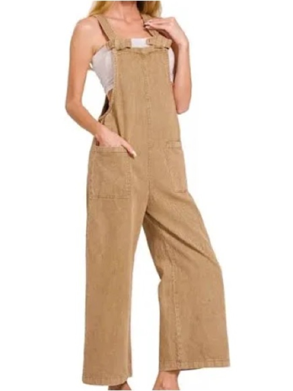 Zenana Women's Wide-Leg Tan Overalls